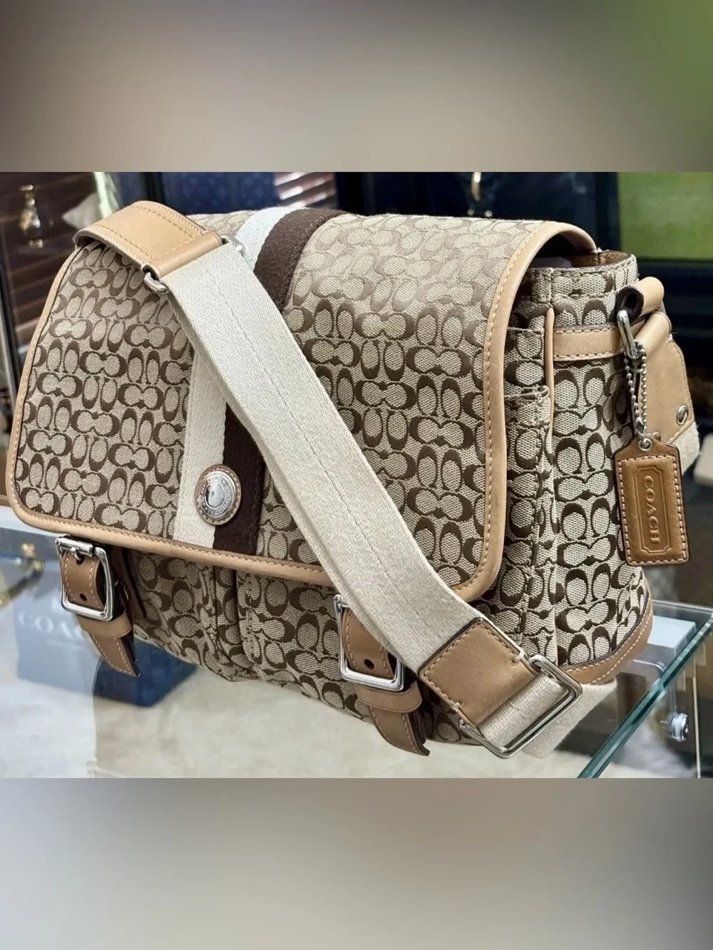 Coach Signature Canvas Crossbody Messenger in Khaki and Chalk with Brown Trim.